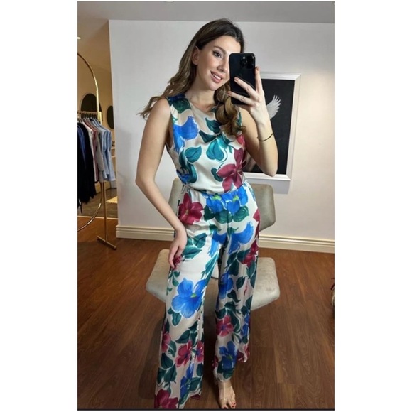 Zara floral flower print satin effect sleeveless jumpsuit Sz XS/M NWT tropical - Picture 5 of 8